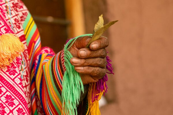 Close-up of a hand holding ritual leaves in colorful Andean textile, Cusco.