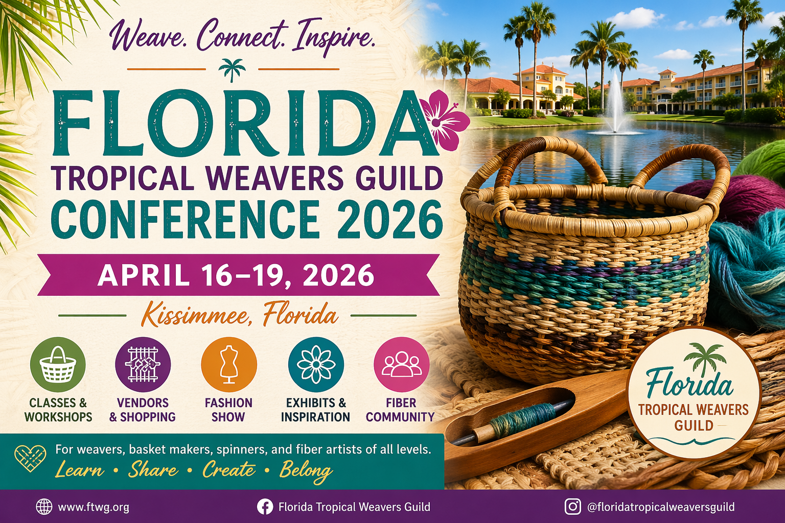 Discover the Florida Tropical Weavers Guild Conference, April 16–19, 2026, in Kissimmee, Florida. Explore weaving workshops, basket weaving inspiration, fiber arts classes, vendors, and guild connections for basket makers across the Southeast.