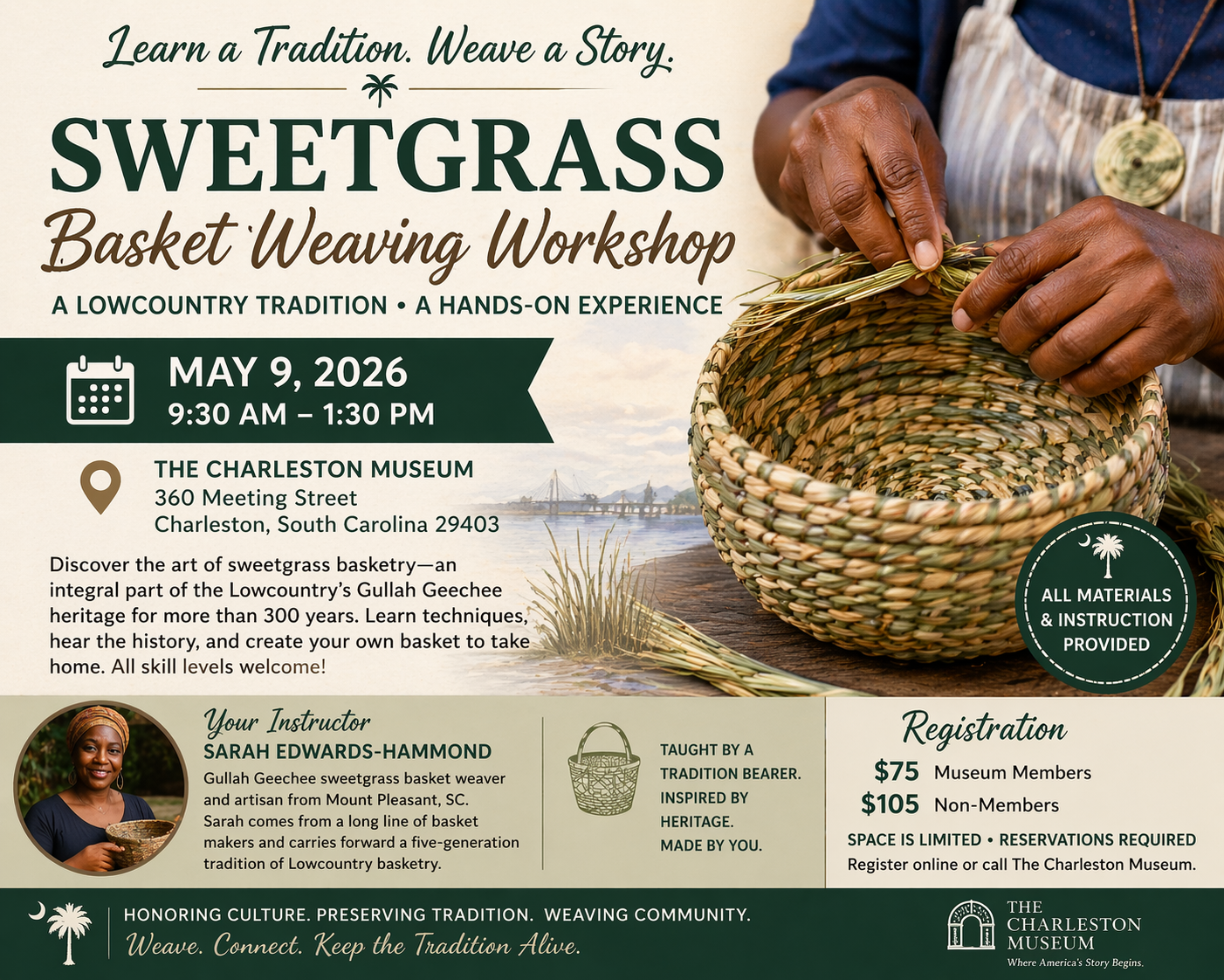 Sweetgrass Basket Weaving Workshop — Charleston, South Carolina — May 9, 2026
