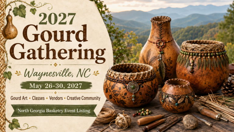 Handmade gourd art and basketry-inspired vessels displayed at a creative craft gathering in Waynesville, North CaHandmade gourd art and basketry-inspired vessels displayed at a creative craft gathering in Waynesville, North Carolina.rolina.